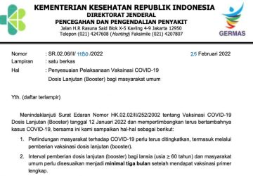 Kemenkes RI Menerbitkan SE Vaksinasi Booster Dapat Dilakukan Setelah Tiga Bulan Vaksinasi Dosis Primer