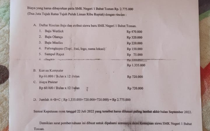 SMK N 1 Babat Toman Diduga Mark Up Uang Seragam Sekolah