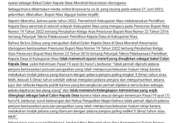 Pemilihan Kades Kab. Nias Mengacu Pada PerBup Nias, Be’aro Zebua Kepala Desa Mondrali Tidak Memenuhi Syarat Sebagai Bakal Calon