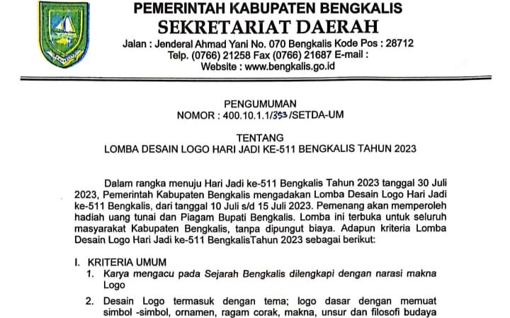 Sambut Hari Jadi Ke-511, Pemkab Bengkalis Taja Lomba Desain Logo