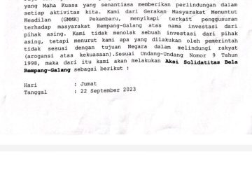 GMMK Riau Lakukan Aksi Damai Untuk Masyarakat Rempang-Galang