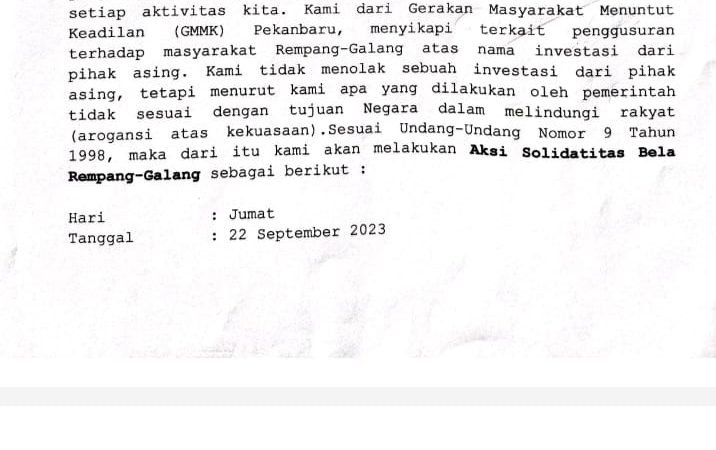 GMMK Riau Lakukan Aksi Damai Untuk Masyarakat Rempang-Galang