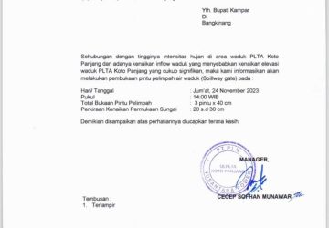 Tingginya Intensitas Hujan di Area Waduk PLTA Koto Panjang, Bupati Kampar Keluarkan Himbauan Kepada Masyarakat Agar Waspada