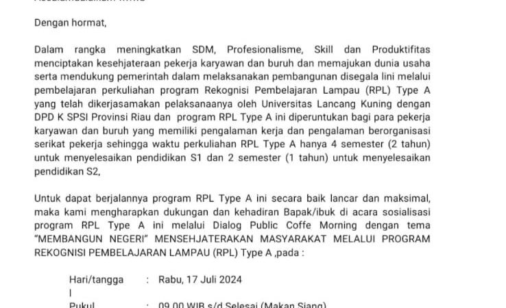 Dialog Coffe Morning SPSI Riau Bersama Unilak “Sukseskan Program RPL Type A” Digelar 17 Juli 2024