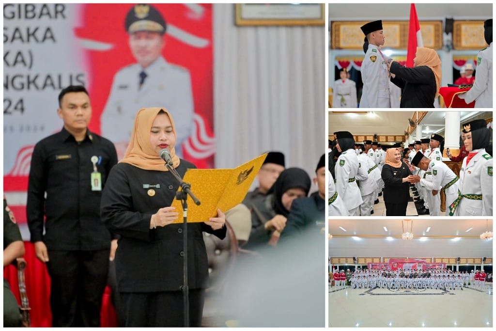 Bupati Bengkalis Kasmarni, lantik paskibraka tingkat kabupaten bengkalis. kamis kamis, 15/08/2024