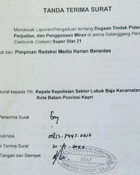 Pelapor Desak Polsek Lubuk Baja Usut Tuntas Dugaan Judi di Gelper Super Star 21