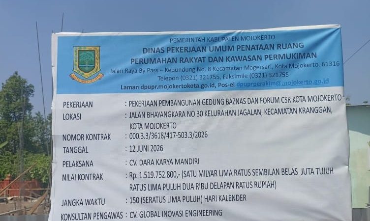 DPUPR Perakim Kota Mojokerto Anggarkan Rp1,5 Miliar, Proyek BAZNAS Garapan CV Dara Karya Mandiri Dinilai Minim Ketelitian Administrasi
